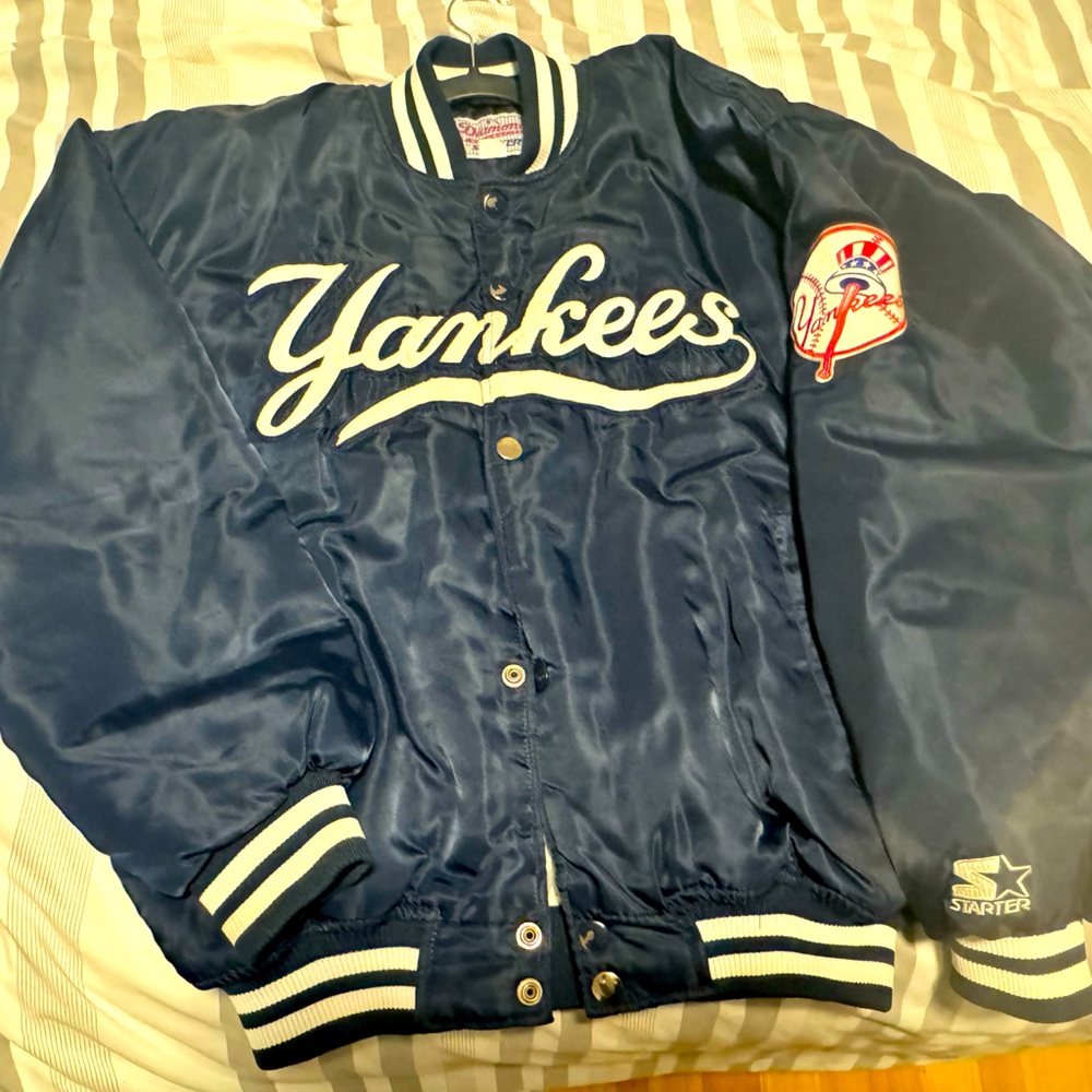STARTER Diamond Collection Navy Satin Bomber Jacket NY Yankees MLB VINTAGE 90s